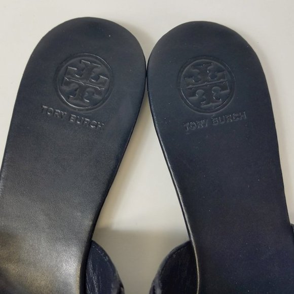 TORY BURCH Sienna Woven Leather Pointy Toe Mule Shoes Slip on Navy Blue 8 - Picture 7 of 9